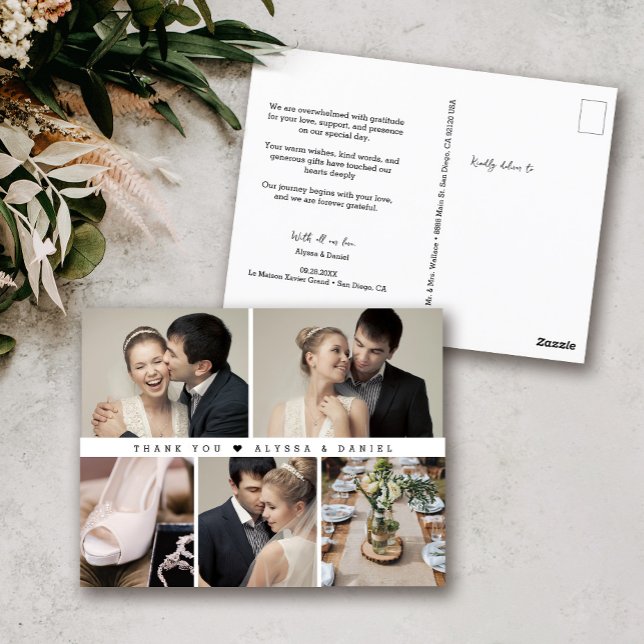Black White Chic Wedding Photo Collage Trendy  Postcard (Modern Wedding Photo collage, simple thank you postcard template.)