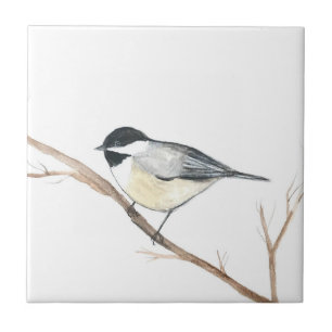 Black White Chickadee Bird Wildlife Watercolor  Ceramic Tile