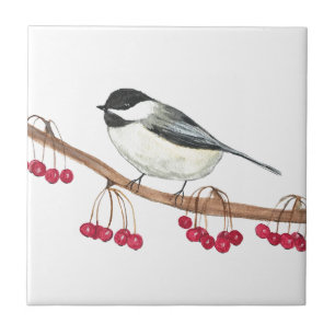 Black White Chickadee Bird Wildlife Watercolor  Ceramic Tile