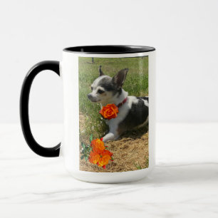 Black White Chihuahua with Orange Roses Inspiring Mug