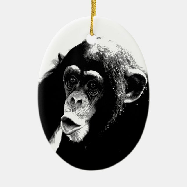 Black White Chimpanzee Ceramic Ornament (Front)