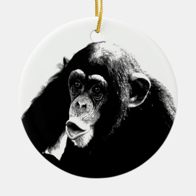 Black White Chimpanzee Ceramic Ornament (Front)