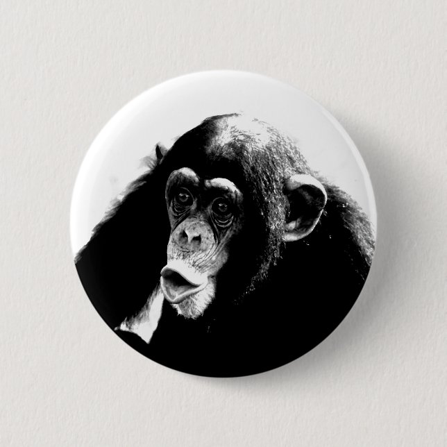 Black White Chimpanzee Pinback Button (Front)