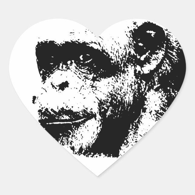 Black & White Chimpanzee Pop Art Heart Sticker (Front)