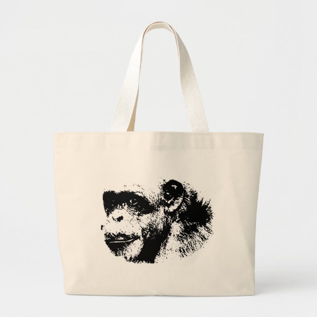 Black & White Chimpanzee Pop Art Large Tote Bag (Front)