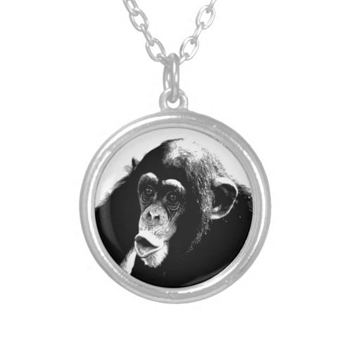 Black White Chimpanzee Silver Plated Necklace