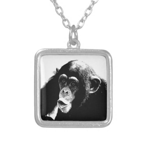 Black White Chimpanzee Silver Plated Necklace