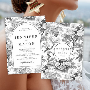 Black white Chinoiserie floral wedding Invitation