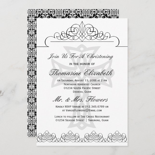 Black & White Christening Cross Invitations (Front/Back)