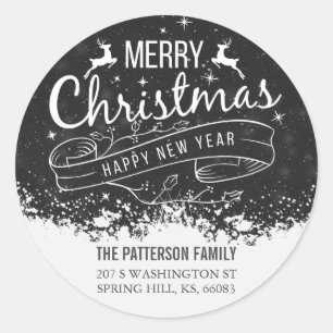 Black White Christmas and New Year Script Address Classic Round Sticker