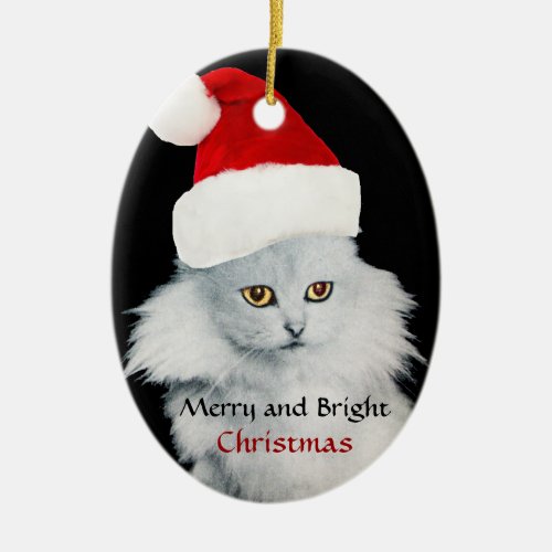 BLACK WHITE CHRISTMAS CAT WITH SANTA CLAUS HAT CERAMIC ORNAMENT