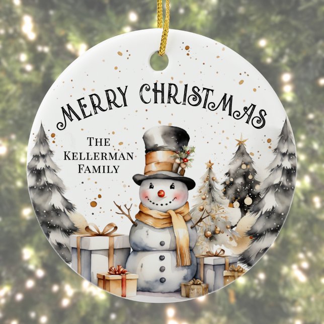 Black White Christmas Ceramic Ornament (Black White Winter Snowman Merry Christmas Ceramic Ornament )