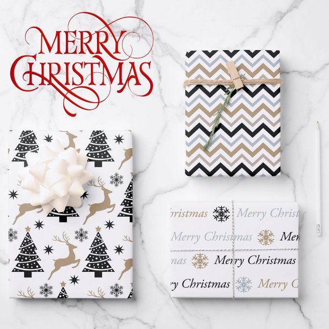  Black White Christmas Chevron 3 Coordinating Wrapping Paper Sheets (Creator Uploaded)