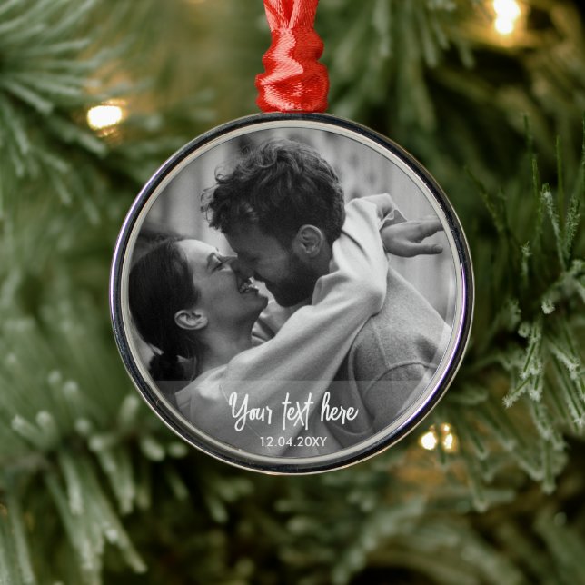 Black White Christmas Custom Text Template Photo Metal Ornament (Tree)