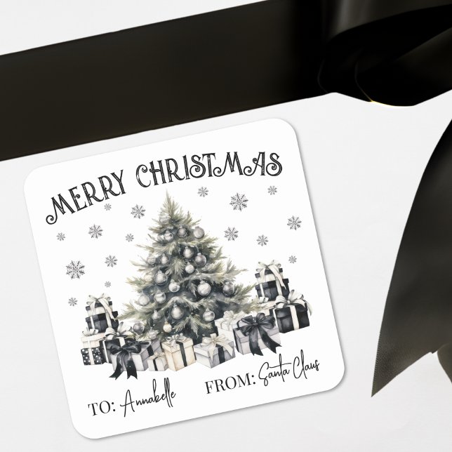 Black White Christmas Gift Tag Sticker (Black White Christmas Tree Gift Tag Sticker)