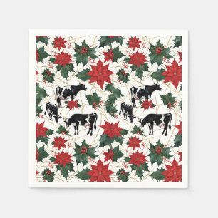 Black & White Christmas Holstein Dairy Cows Floral Napkins