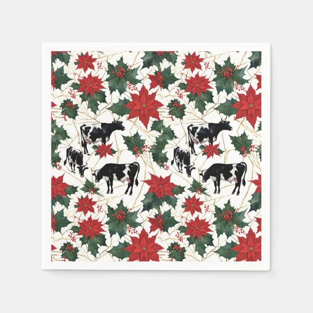 Black & White Christmas Holstein Dairy Cows Floral Napkins (Front)