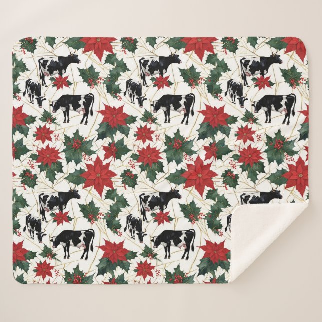 Black & White Christmas Holstein Dairy Cows Floral Sherpa Blanket (Front (Horizontal))