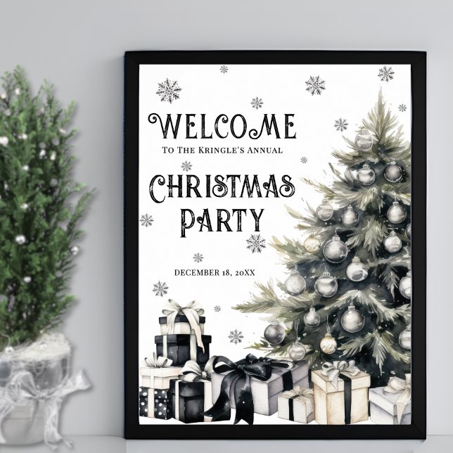 Black White Christmas Party Welcome Poster (Black White Elegant Christmas Party Welcome Poster)
