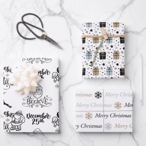  Black White Christmas Santa Claus 3 Coordinating  Wrapping Paper Sheets