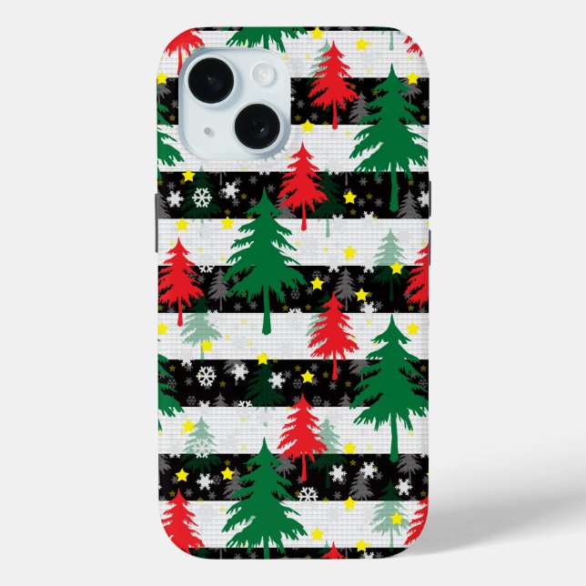 Black White Christmas Snow Stripes Red Green Trees Case-Mate iPhone Case (Back)