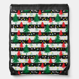 Black White Christmas Snow Stripes Red Green Trees Drawstring Bag