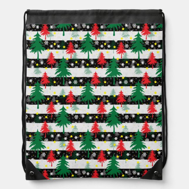 Black White Christmas Snow Stripes Red Green Trees Drawstring Bag (Front)