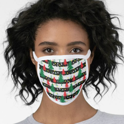 Black White Christmas Snow Stripes Red Green Trees Face Mask
