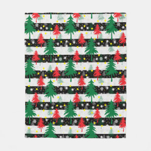 Black White Christmas Snow Stripes Red Green Trees Fleece Blanket