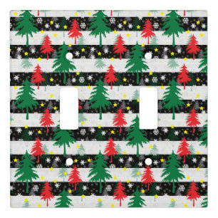 Black White Christmas Snow Stripes Red Green Trees Light Switch Cover