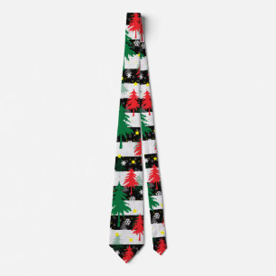 Black White Christmas Snow Stripes Red Green Trees Neck Tie
