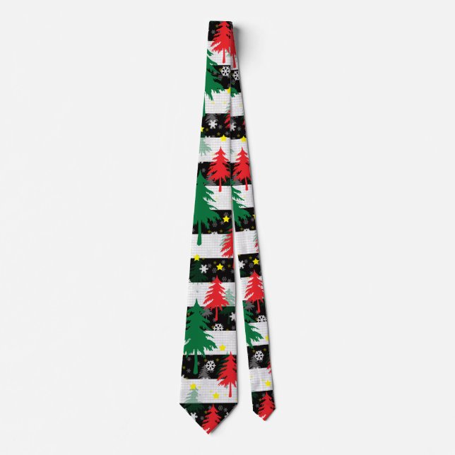 Black White Christmas Snow Stripes Red Green Trees Neck Tie (Front)