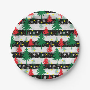 Black White Christmas Snow Stripes Red Green Trees Paper Plates