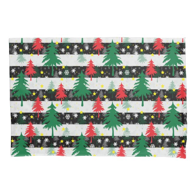 Black White Christmas Snow Stripes Red Green Trees Pillow Case (Front)