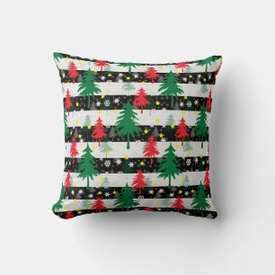 Black White Christmas Snow Stripes Red Green Trees Throw Pillow