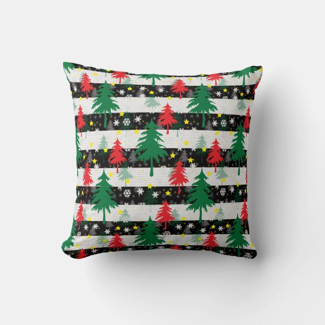 Black White Christmas Snow Stripes Red Green Trees Throw Pillow (Front)