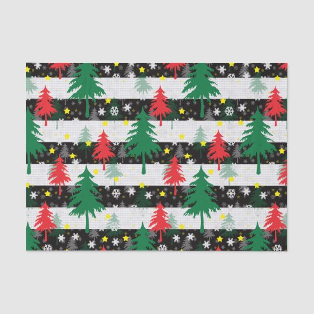 Black White Christmas Snow Stripes Red Green Trees Tissue Paper (Front)