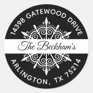 Black White Christmas Snowflake Return Address Classic Round Sticker