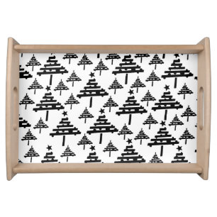 Black White Christmas Tree Abstract Pattern Serving Tray