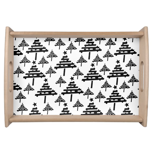 Black White Christmas Tree Abstract Pattern Serving Tray (Front)