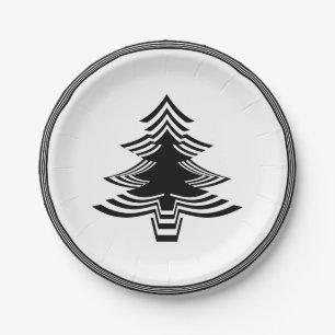 Black/White Christmas Tree Font Geometric Pattern Paper Plates