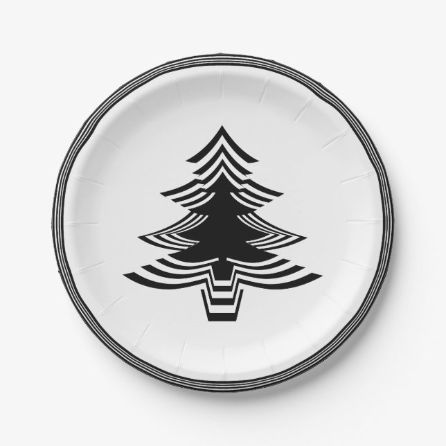 Black/White Christmas Tree Font Geometric Pattern Paper Plates (Front)