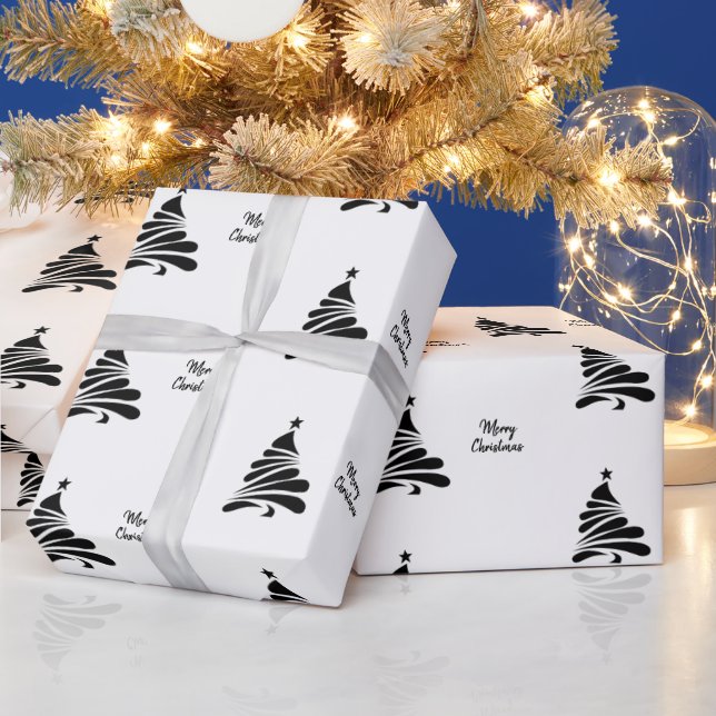 Black White Christmas Tree Gift Wrapping Paper (Holidays)
