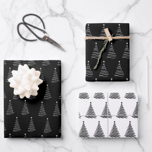 Black White Christmas Tree Pattern Elegant Simple  Wrapping Paper Sheets