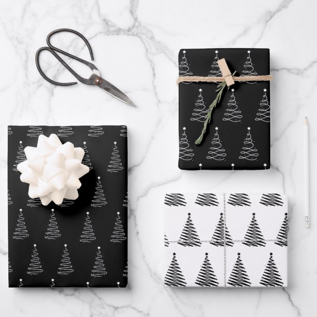 Black White Christmas Tree Pattern Elegant Simple  Wrapping Paper Sheets (Front)