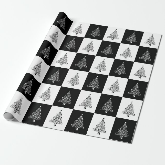 Black White Christmas Tree Pattern Elegant Wrapping Paper (Unrolled)