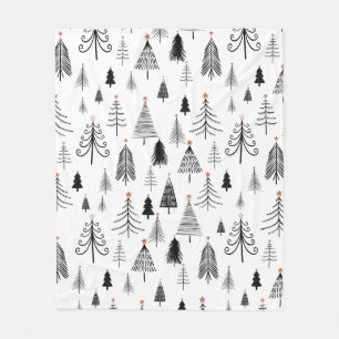Black White Christmas Tree Pattern Minimalist Fleece Blanket