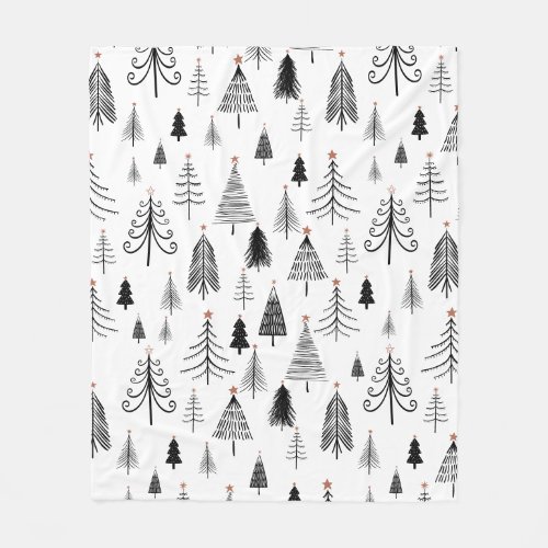 Black White Christmas Tree Pattern Minimalist  Fleece Blanket