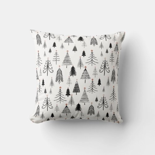 Black White Christmas Tree Pattern Minimalist  Throw Pillow