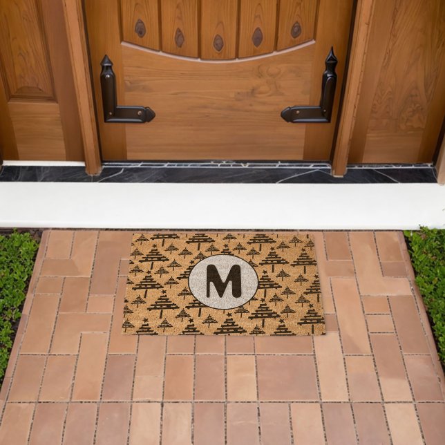 Black White Christmas Tree Pattern Monogram Fiber Doormat (Insitu (Outdoor))